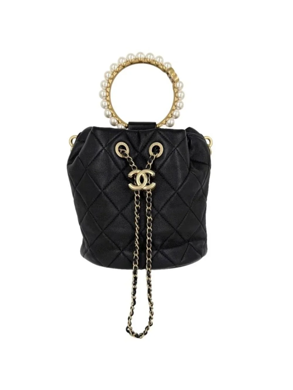 Chanel CC Logo Quilted Bucket Bag Pearl Handle Lambskin Black Gold